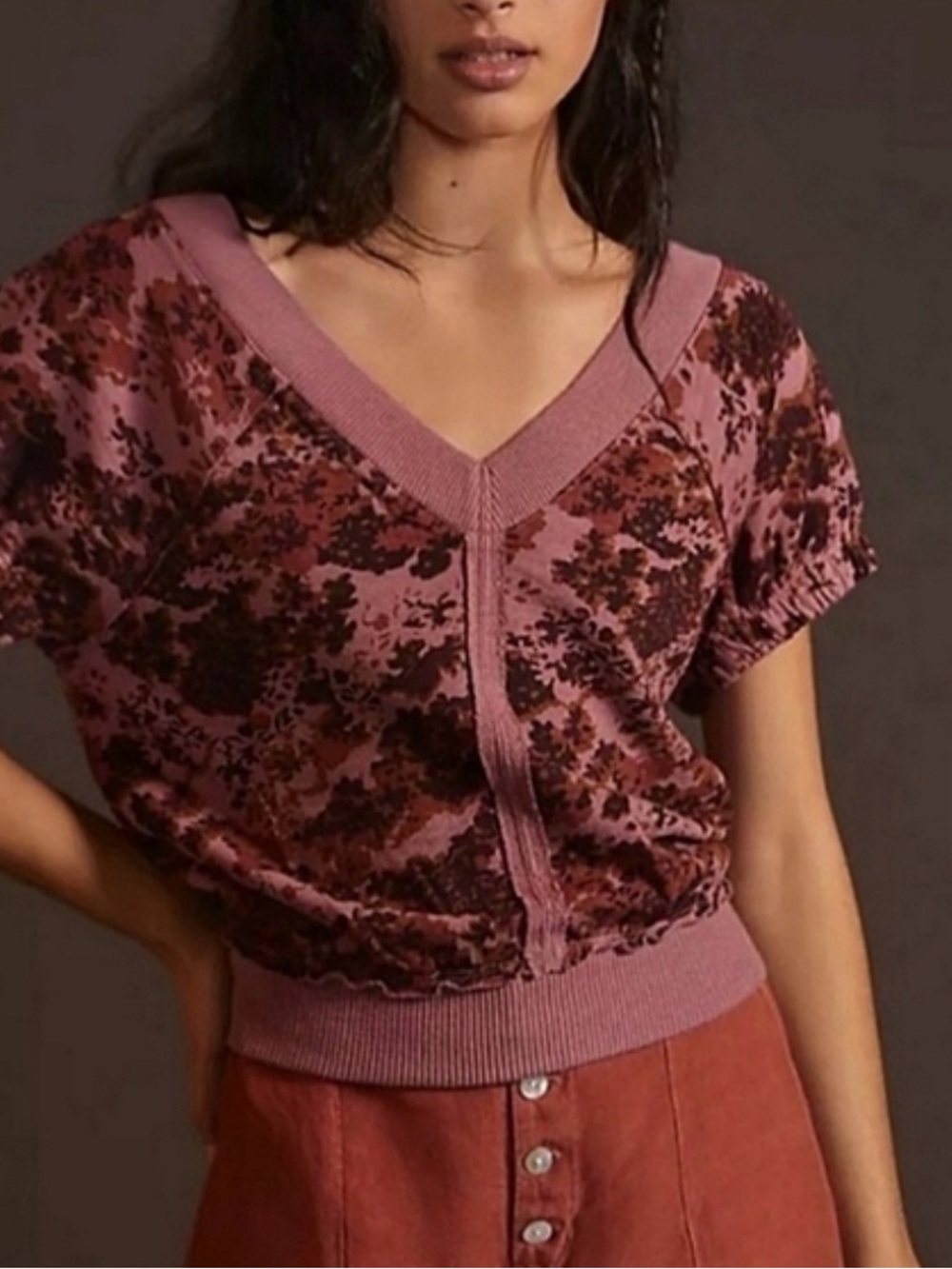 PILCRO Anthro Pink Floral Boho Cotton Vneck Short Sleeve Sweater Medium